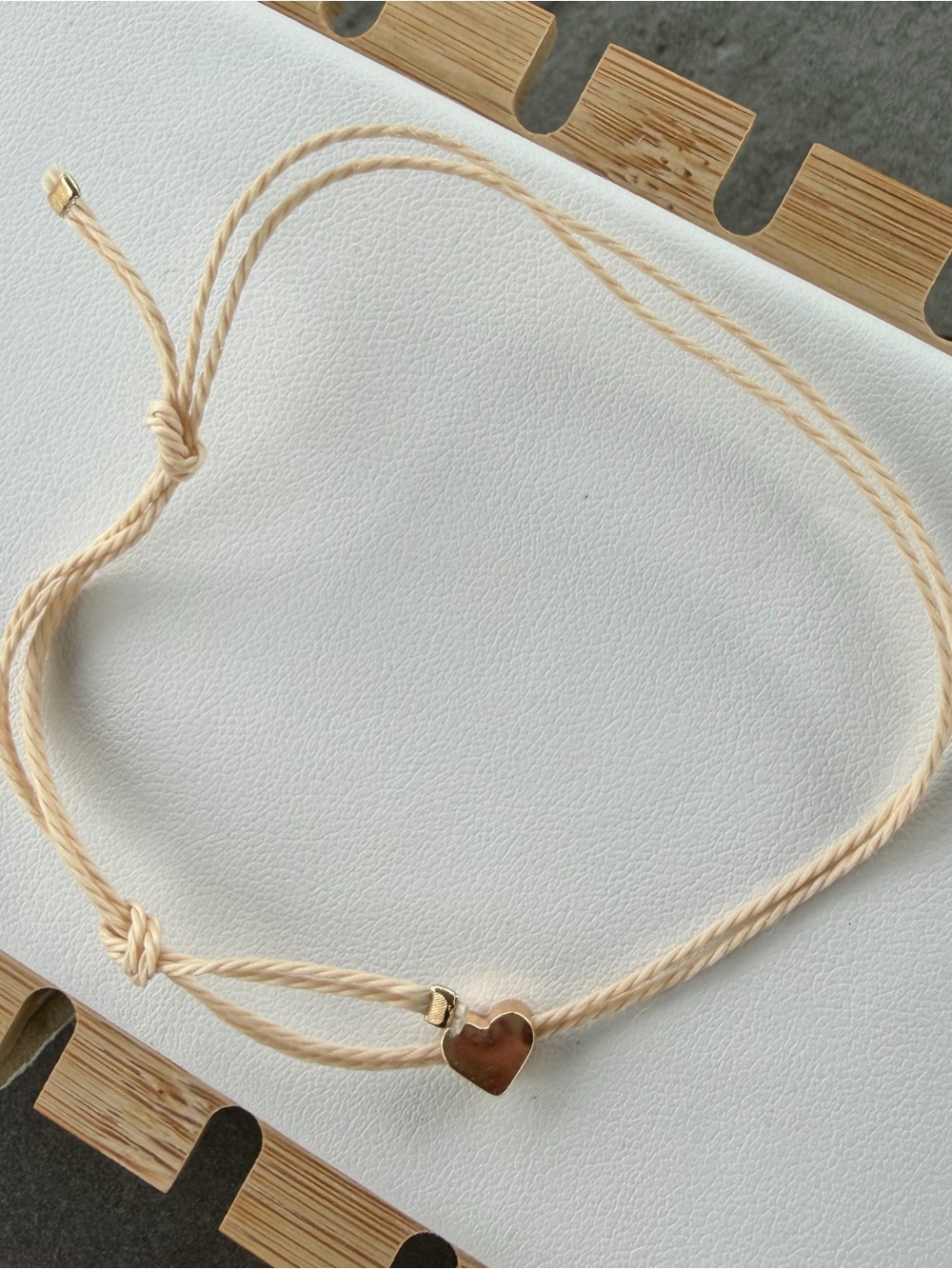 Delicate Cream Cord Bracelet with Gold Heart Charm